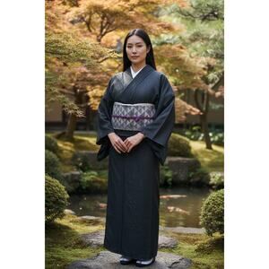 New Black Lace Kimono Set w/ Obi & Obijime Elegant Japanese Kimono Outfit
